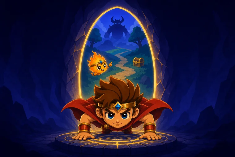 Key art: the hero mid-pushup before a glowing portal that opens onto a winding path, a treasure chest and a distant horned boss silhouette