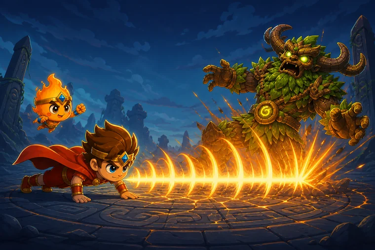 Key art: the hero mid-pushup on a stone circle, the rep travelling outward as a shockwave that strikes a leaf-and-timber golem, with a small flame companion hovering alongside