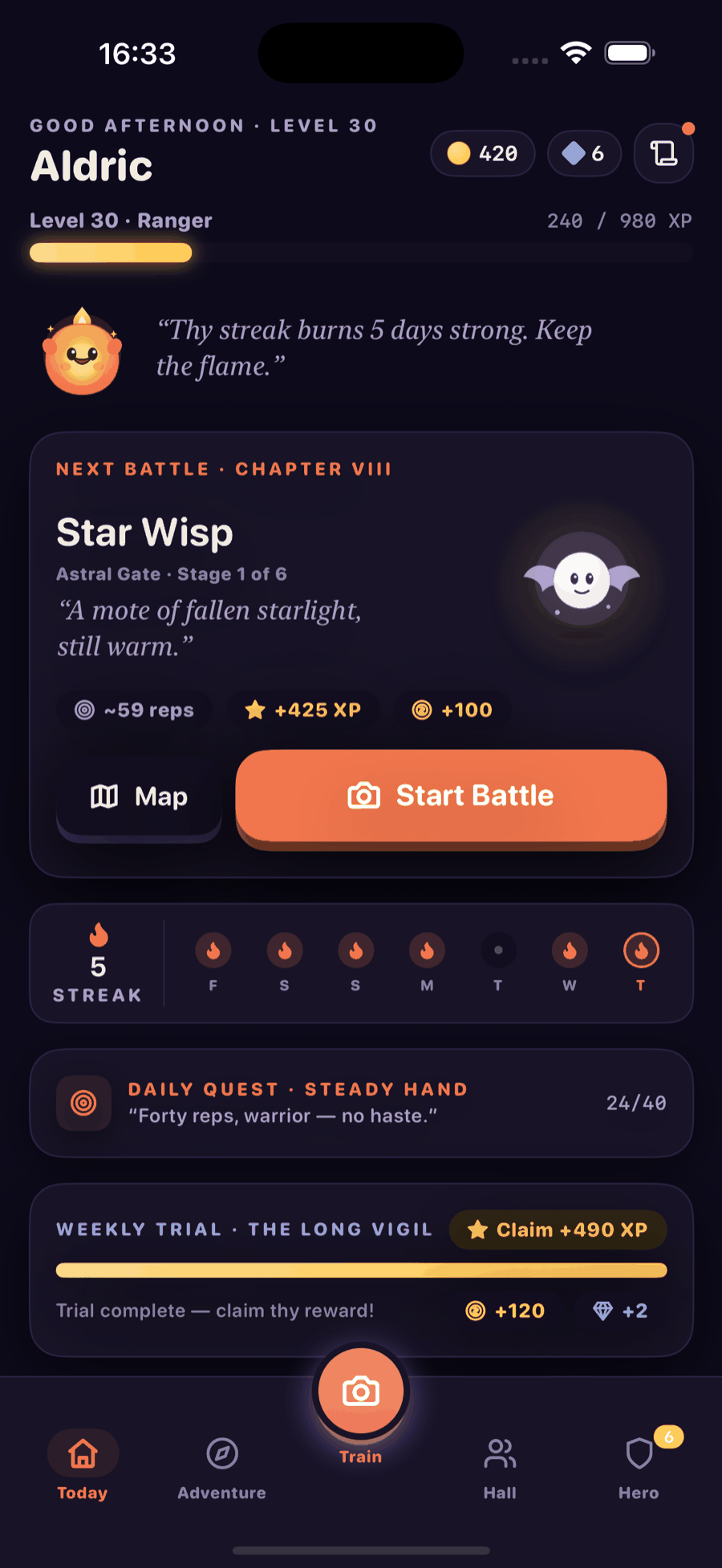 Pushup RPG home screen showing the daily streak, next battle and quests