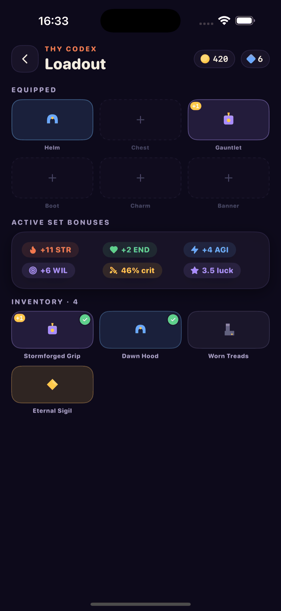 Loadout screen with equipped gear and set bonuses