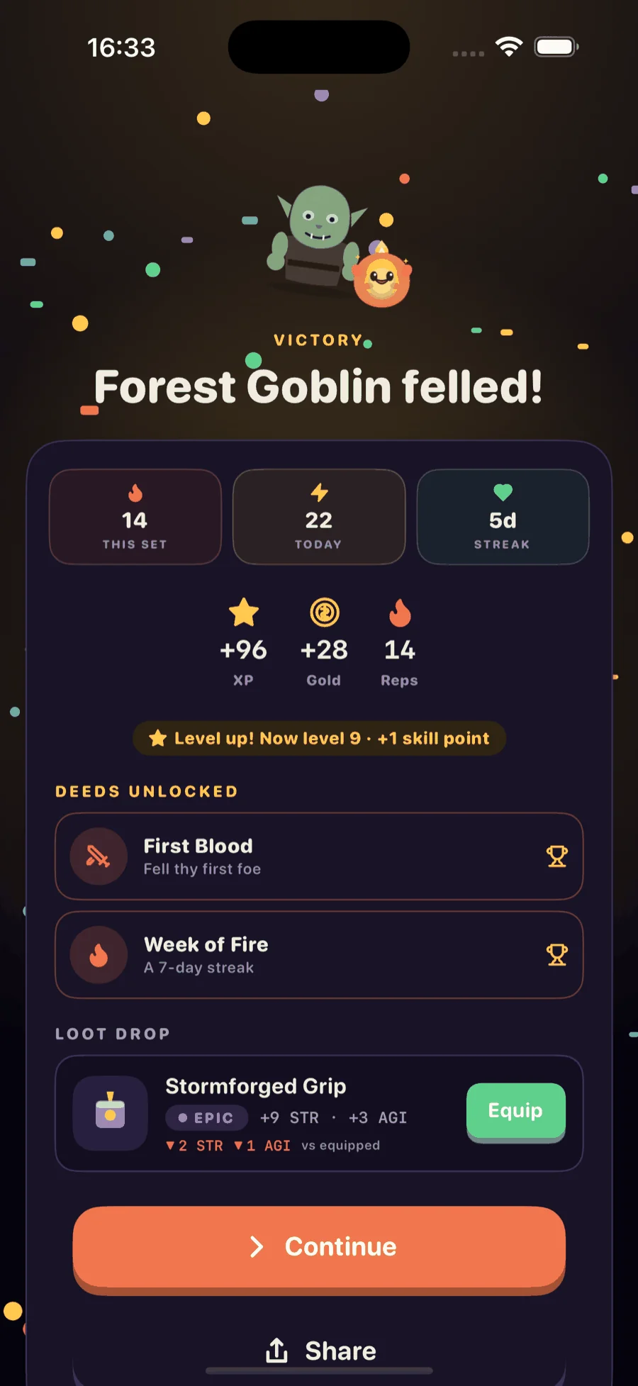 Victory screen with the workout summary and loot drop