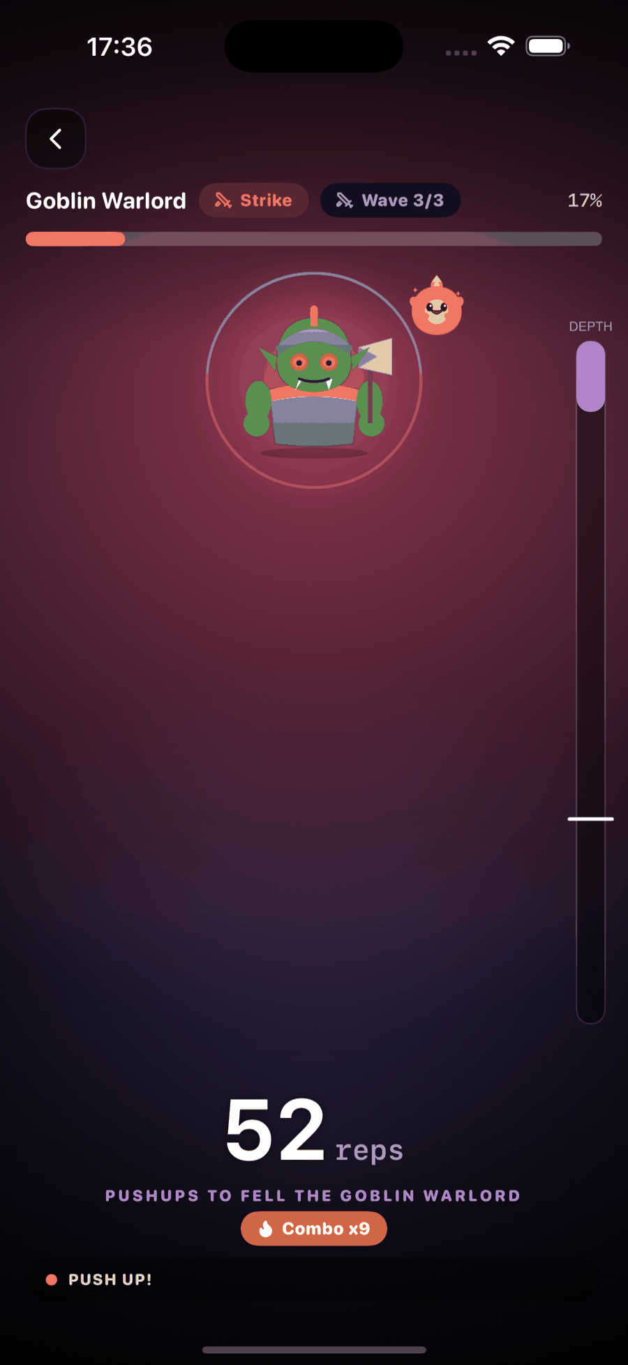 Camera battle — live pose tracking, rep counter and depth gauge