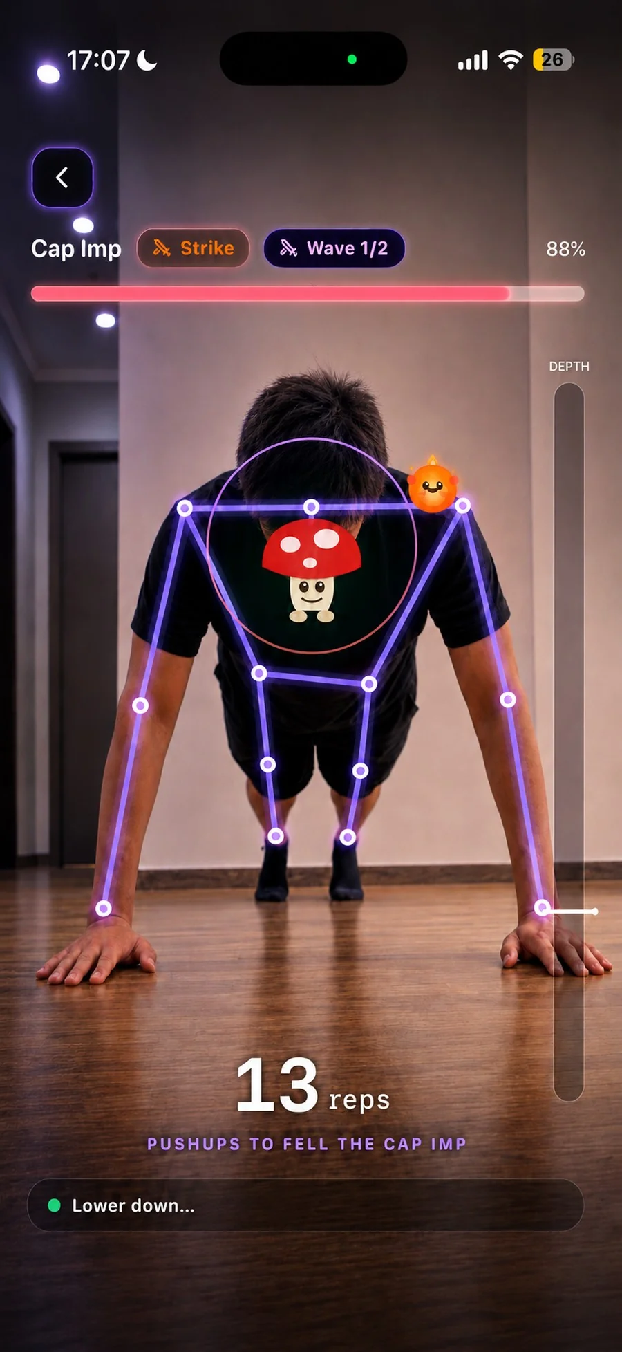 Camera battle — live pose tracking on a real pushup, rep counter and depth gauge