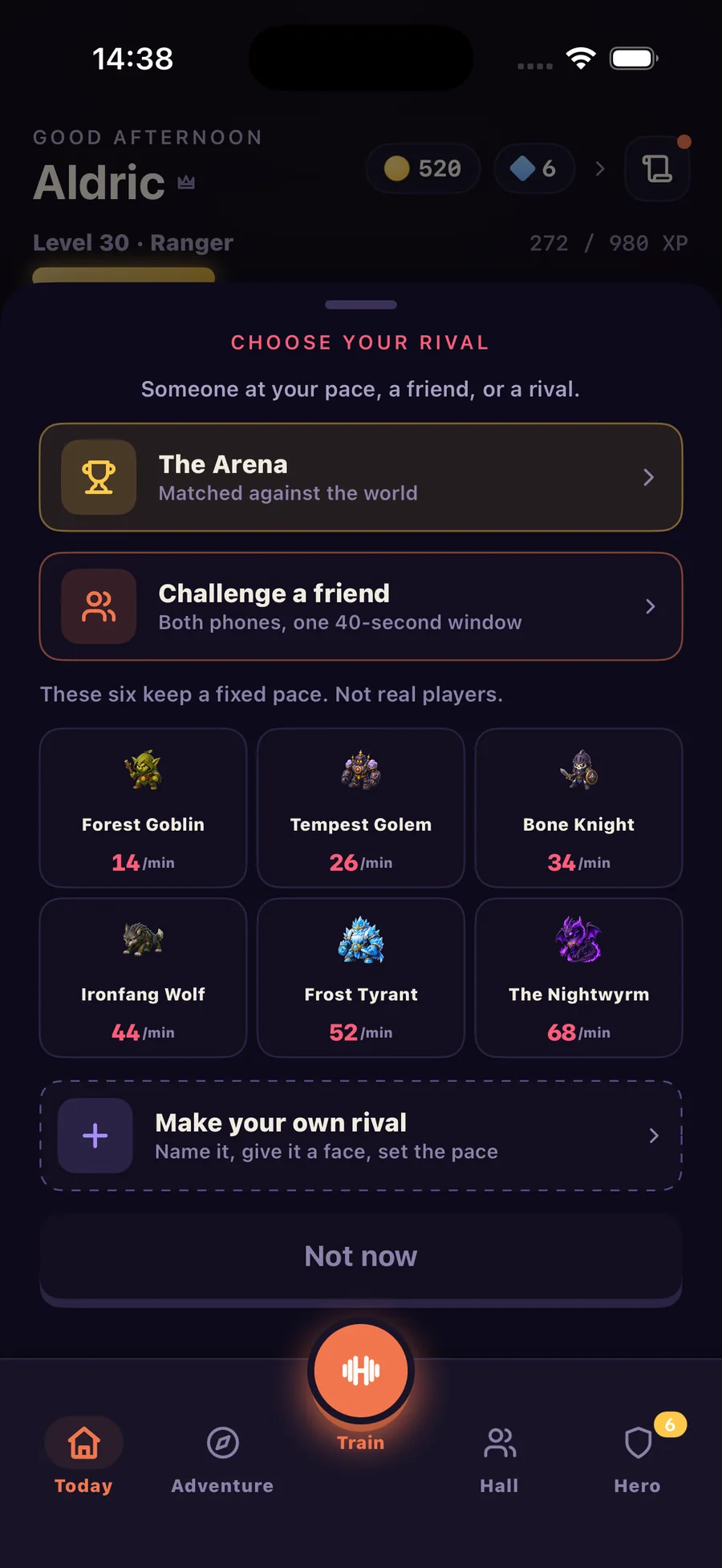 Choosing a duel opponent — the Arena, a friend challenge, or one of six fixed-pace rivals